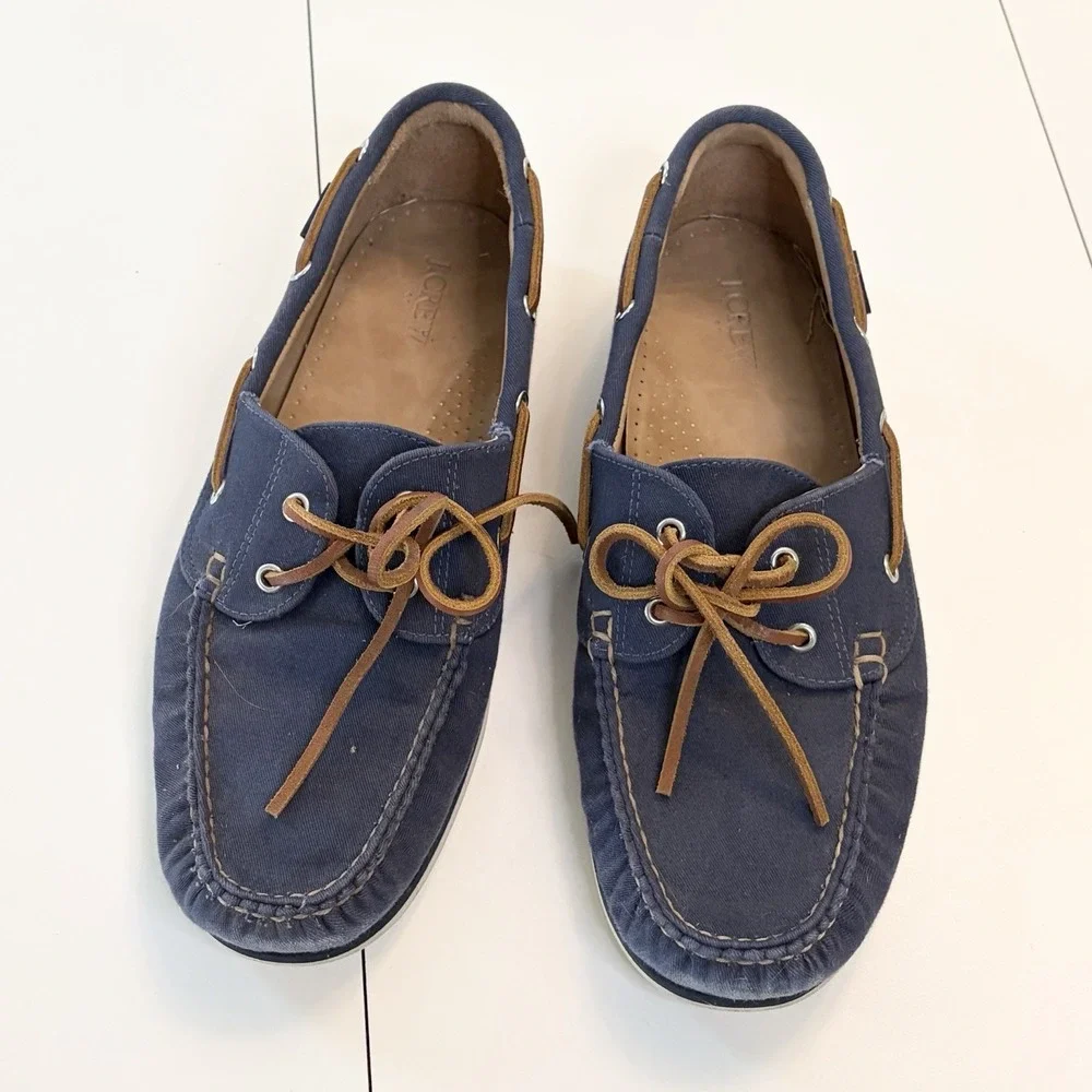 J.Crew Classic Canvas Boat Shoes 2-Eyelet Mens Navy Blue Brown Size 11.5 AQ182